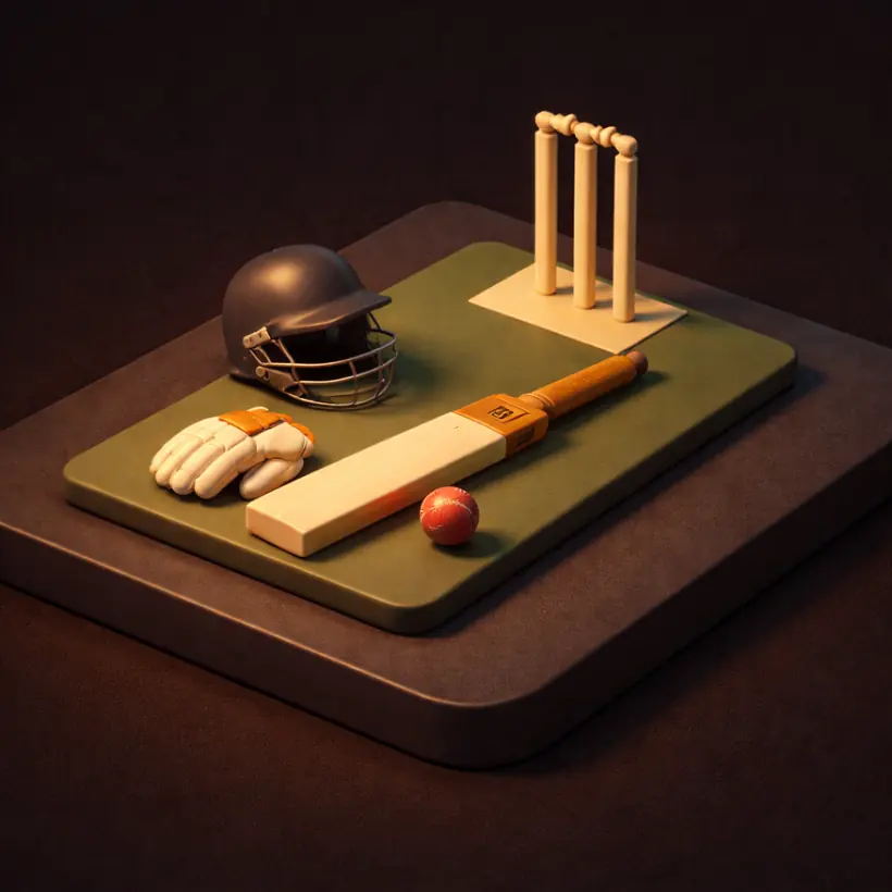 3D isometric illustration of a cricket bat and ball