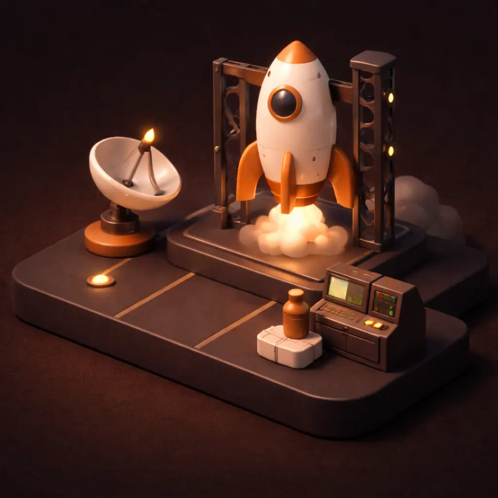 3D isometric illustration of a rocket launching into space