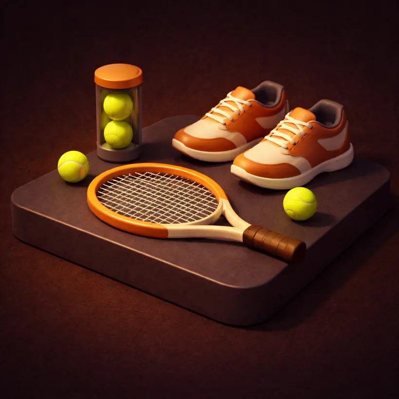 3D isometric illustration of a tennis racket and ball